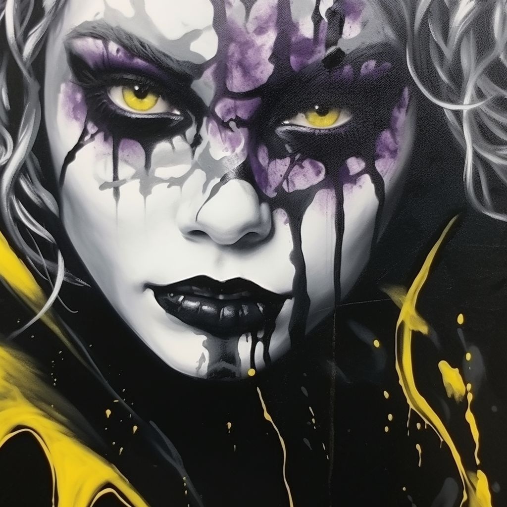 Prompt: a painting with makeup for a dark beauty, in the style of airbrush art, ghoulpunk, detailed character expressions, dark gray and white, dark yellow and purple, eye-catching detail