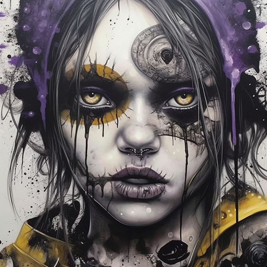 Prompt: an artist's drawing of a girl with dingy dark eyes, in the style of airbrush art, ghoulpunk, large canvas paintings, dark white and yellow, dark purple and silver, eye-catching detail, grotesque characters