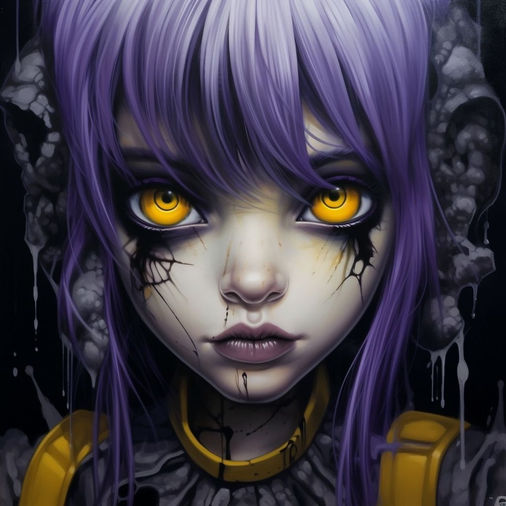 Prompt: an artist's drawing of a girl with dingy dark eyes, in the style of airbrush art, ghoulpunk, large canvas paintings, dark white and yellow, dark purple and silver, eye-catching detail, grotesque characters