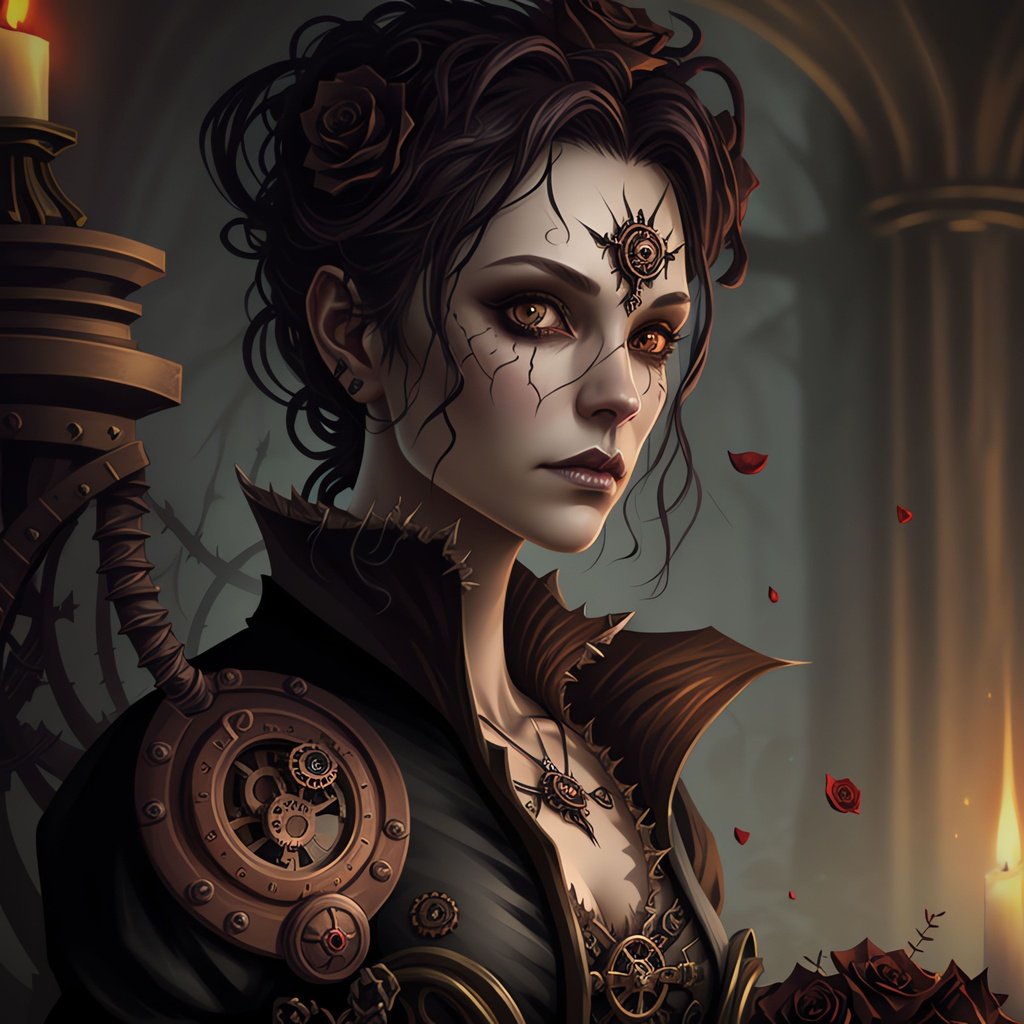 Prompt: steampunk character from a court of thorns and roses, ultra sharp, highest quality, highly-detailed symmetric face, smooth, sharp focus, by Adrian Dadich, eerie and grim art style, character design : : gothic