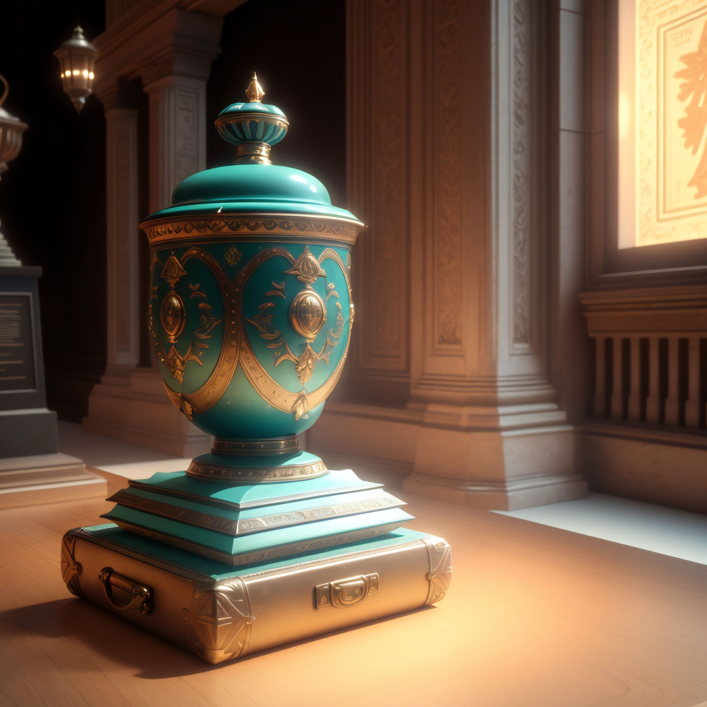 Prompt: highest quality, an object in a museum, 3d, ultra sharp, highly detailed, blender render, rich volumetric lighting, beautifully lit, cinematic, on display in the British Museum, taschen