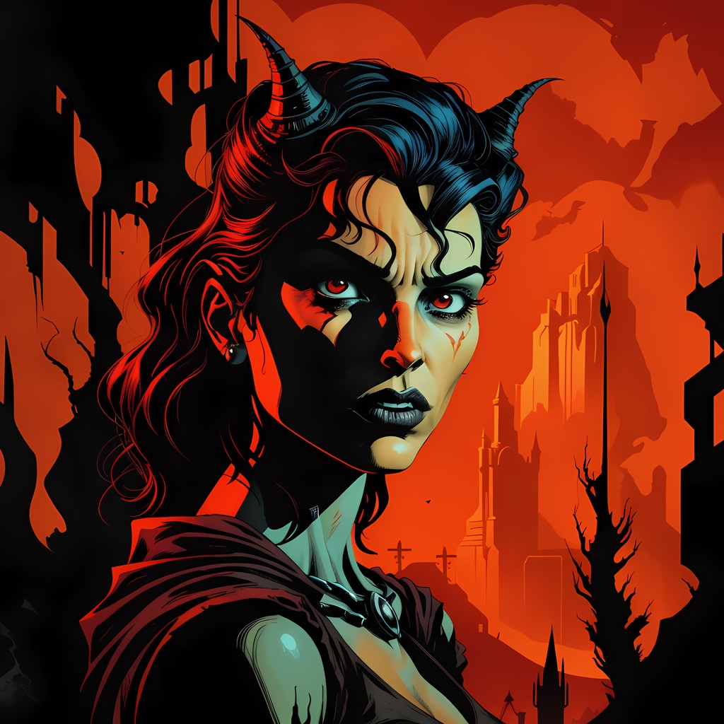 Prompt: a character portrait of a fantasy queen, cinematic, dramatic atmosphere, epic composition, cinematic lighting, graphic novel panel, by Francesco Francavilla and Frank Miller and Becky Cloonan and Mike Allred and Mike Mignola and Neal Adams, and Bernie Wrightson and Richard Corben, comic cover art, beautiful aesthetic design, cover illustration, cell shaded art