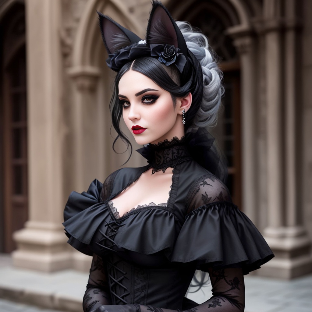 Prompt: highest quality, gothic lady on Instagram, cat ears, black lace, architectural follies, long black gloves, ultra sharp, cinematic lighting, shot on a Hasselblad, lens magazine, trending on artforum
