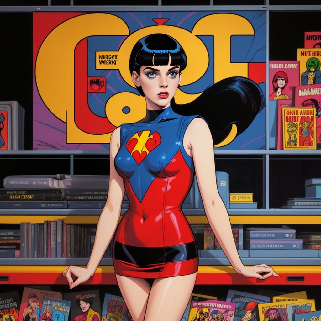 Prompt: art by Mike Allred. E-girl, full body, black hair, bangs hairstyle, pale skin, animation printed poster, taschen, 60s colour palette, bbc promotional artwork, silk screen, package cover, rule of three, archival quality image, alt art, comicbook, dotart