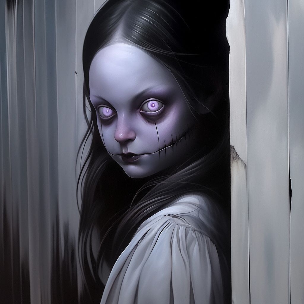 Prompt: the eerie and demonic halloween creature, in the style of airbrush art, emilia wilk, trick of the eye paintings, dark silver and yellow, white and violet, street art murals, blink-and-you-miss-it detail