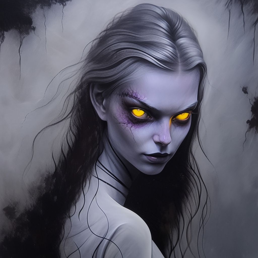 Prompt: the eerie and demonic halloween creature, in the style of airbrush art, emilia wilk, trick of the eye paintings, dark silver and yellow, white and violet, street art murals, blink-and-you-miss-it detail