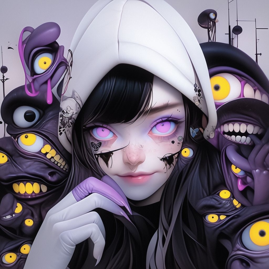 Prompt: an artist's drawing of a girl with dingy dark eyes, in the style of airbrush art, ghoulpunk, large canvas paintings, dark white and yellow, dark purple and silver, eye-catching detail, grotesque characters