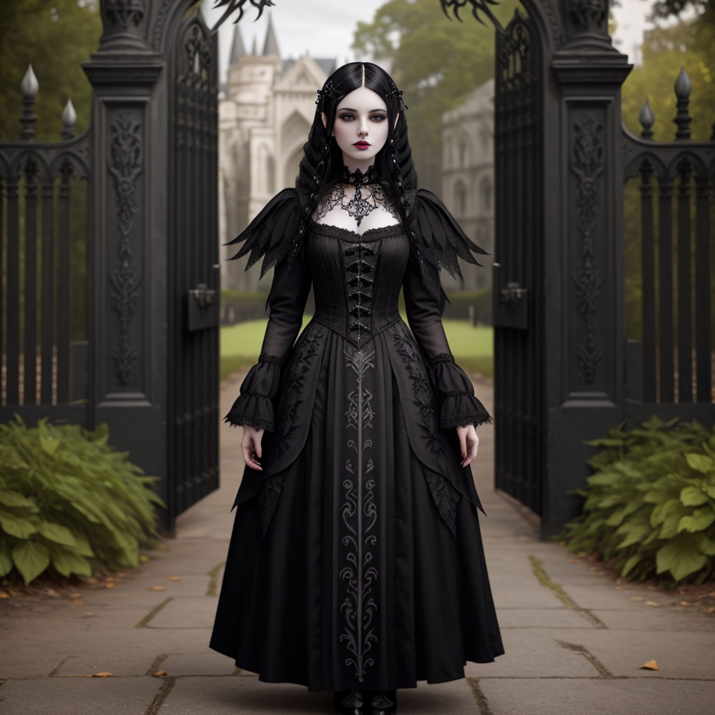 Prompt: a woman in black posing in front of a gate, gothic tattoos, beautiful feathers, highly inventive pattern cutting, very pale white skin, gothic building style, hell-hounds, intricate details