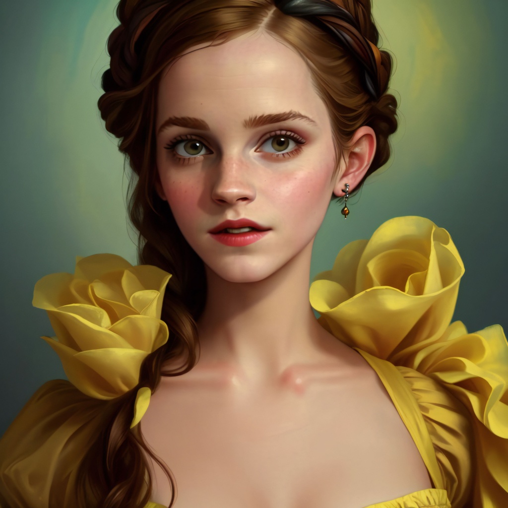 Prompt: highest quality painting of Emma Watson as Belle from Disney's Beauty and the Beast, dark baroque gothic fantasy aesthetic, rembrandt painting, by Caravaggio, by Vermeer, oil on canvas, frontpage, taschen, trending on artforum