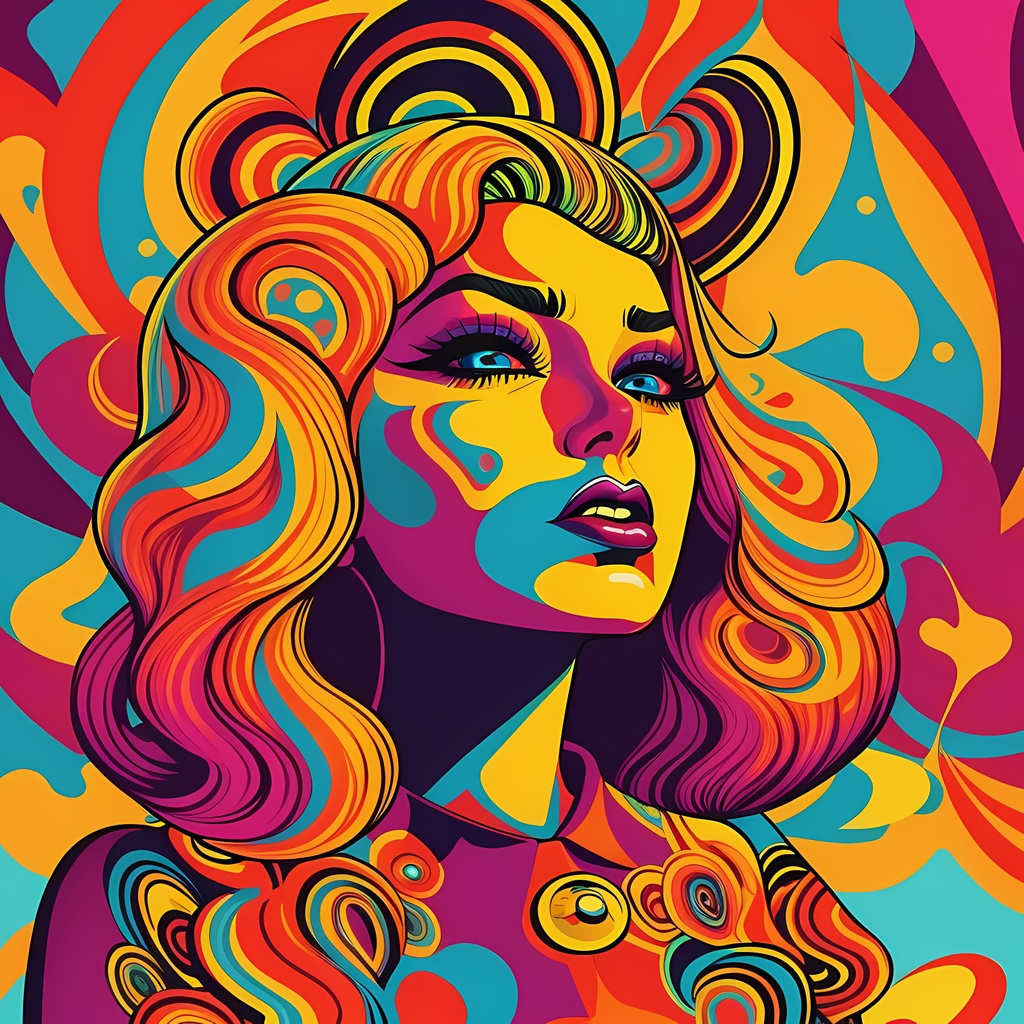 Prompt: Official art. Full color illustration by Charles Burns. A woman, in the style of 60s kitsch and psychedelia, sharp lighting, highest quality, ultra sharp, ffffound, taschen, trending on artforum