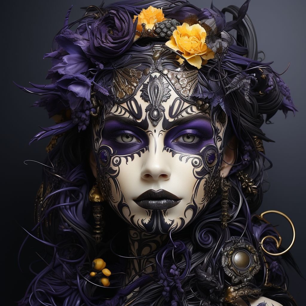 Prompt: a painting with makeup for a dark beauty, in the style of airbrush art, ghoulpunk, detailed character expressions, dark gray and white, dark yellow and purple, eye-catching detail
