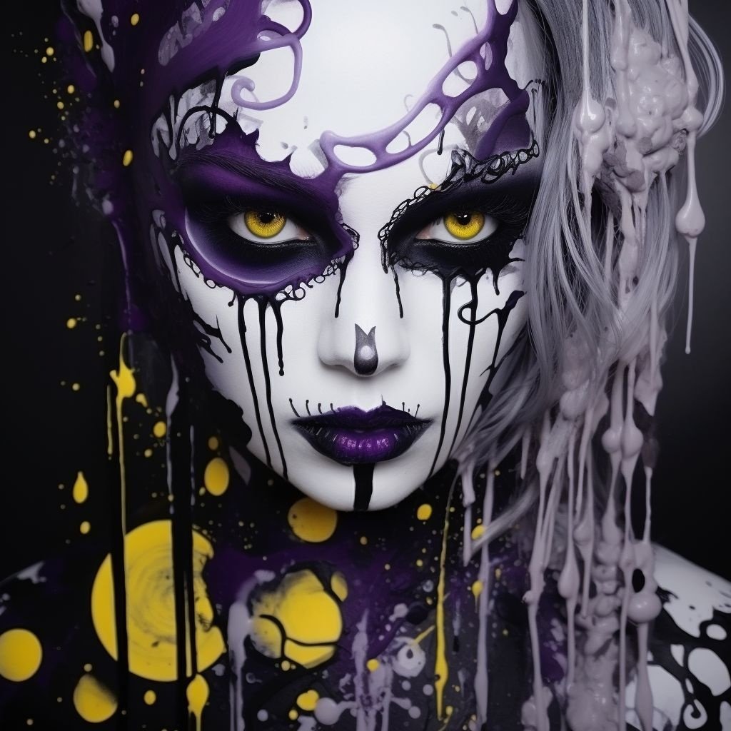 Prompt: a painting with makeup for a dark beauty, in the style of airbrush art, ghoulpunk, detailed character expressions, dark gray and white, dark yellow and purple, eye-catching detail