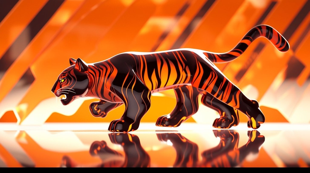 Prompt: vanta black tiger figurine on a orange tinted mirror surface