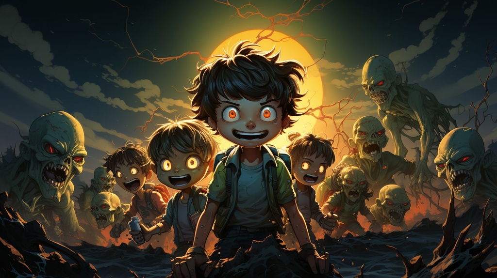 Prompt: zombie apocalypse in the style of cell shading cartoonish garbage pail kids
