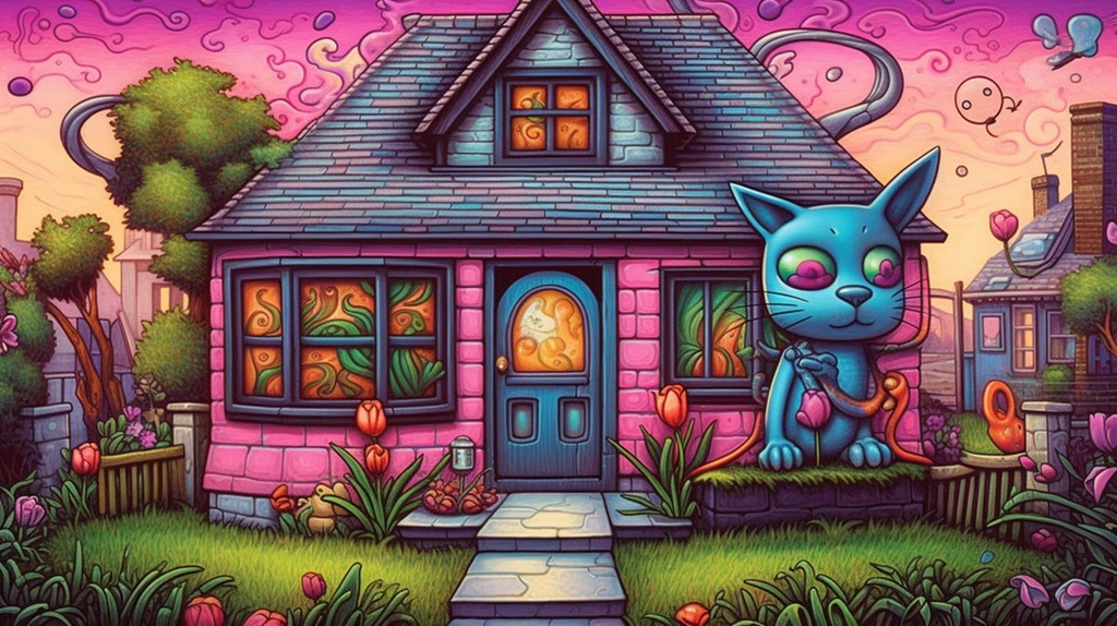 Prompt: a cat wearing pink jeans stands next to a house, in the style of mark kostabi, cartoon mis-en-scene, flowerpunk, steve sack, hand-drawn animation, chris dyer, ultrafine detail