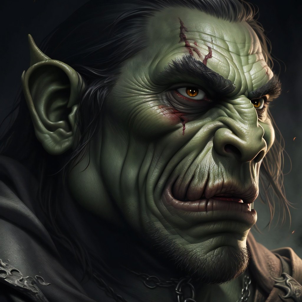 Prompt: Best artwork. Award winning masterpiece. Official art. Dark Fantasy evil Orc, Lord of the Rings aesthetic, dark fantasy aesthetic, cinematic, best quality, ultra smooth, ultra clean, 8k, ultra high res, ultra sharp, ultra-detailed, sharp focus