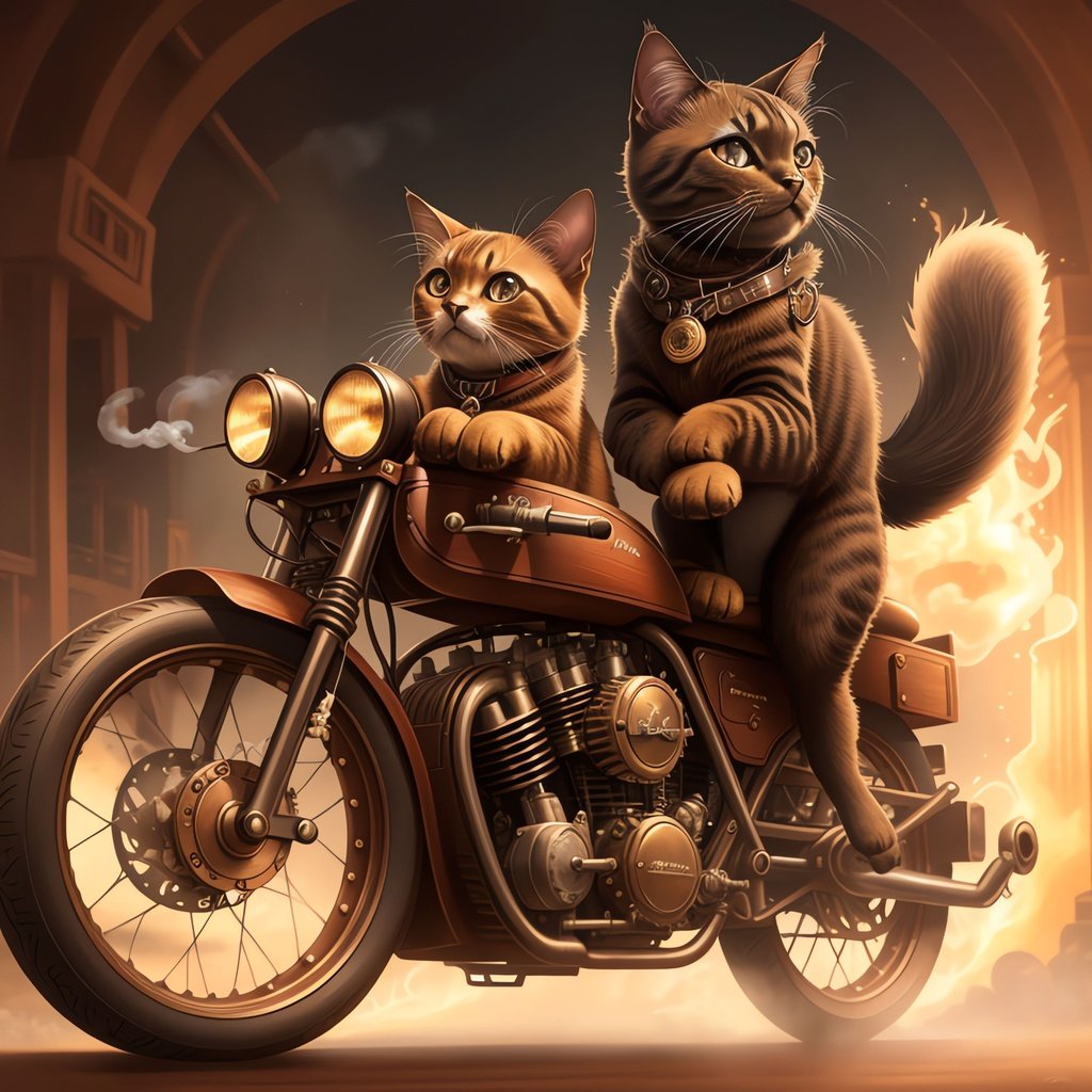 Prompt: Best artwork. Award winning masterpiece. Official art. Steampunk siamese cat riding a steam powered motorcycle. Best quality, ultra smooth, ultra clean, 8k, ultra high res, ultra sharp, ultra-detailed, sharp focus