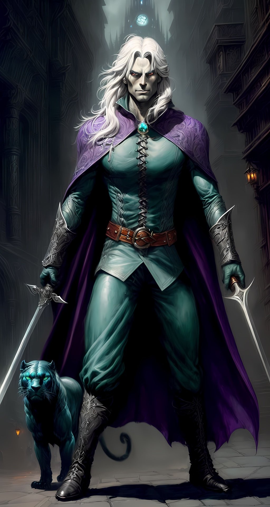 Prompt: ((high-quality)) ((high-detail)) ((highly-detailed)) ((exquisite)) ((detail)), ((photorealistic)), ((Striking)), ((Stunning)), ((breathtaking)) ((dramatic)) ((masterpiece)), close-up (((grey Drow skin) and white hair)) (((Drow))) ((character concept art)) ((Drizzt Do'Urden)) with a (green cloak) in a (((duel-wielding scimitars swords) Twinkle and Icingdeath)), ((on the streets)) of the ((city of Neverwinter)), ((by Jesper Ejsing)), ((by Jeff Easley)), ((by Frank Frazetta)), ((by Larry Elmore)), attractive Drow ((ranger dnd character portrait)), Handsome, slender, toned, sharp features, ((dark skin)), ((long white hair)), (((leather armor))), (earth tones), R. A. Salvatore book cover art, symmetrical outfit, matching outfit, Pinterest cosplay.