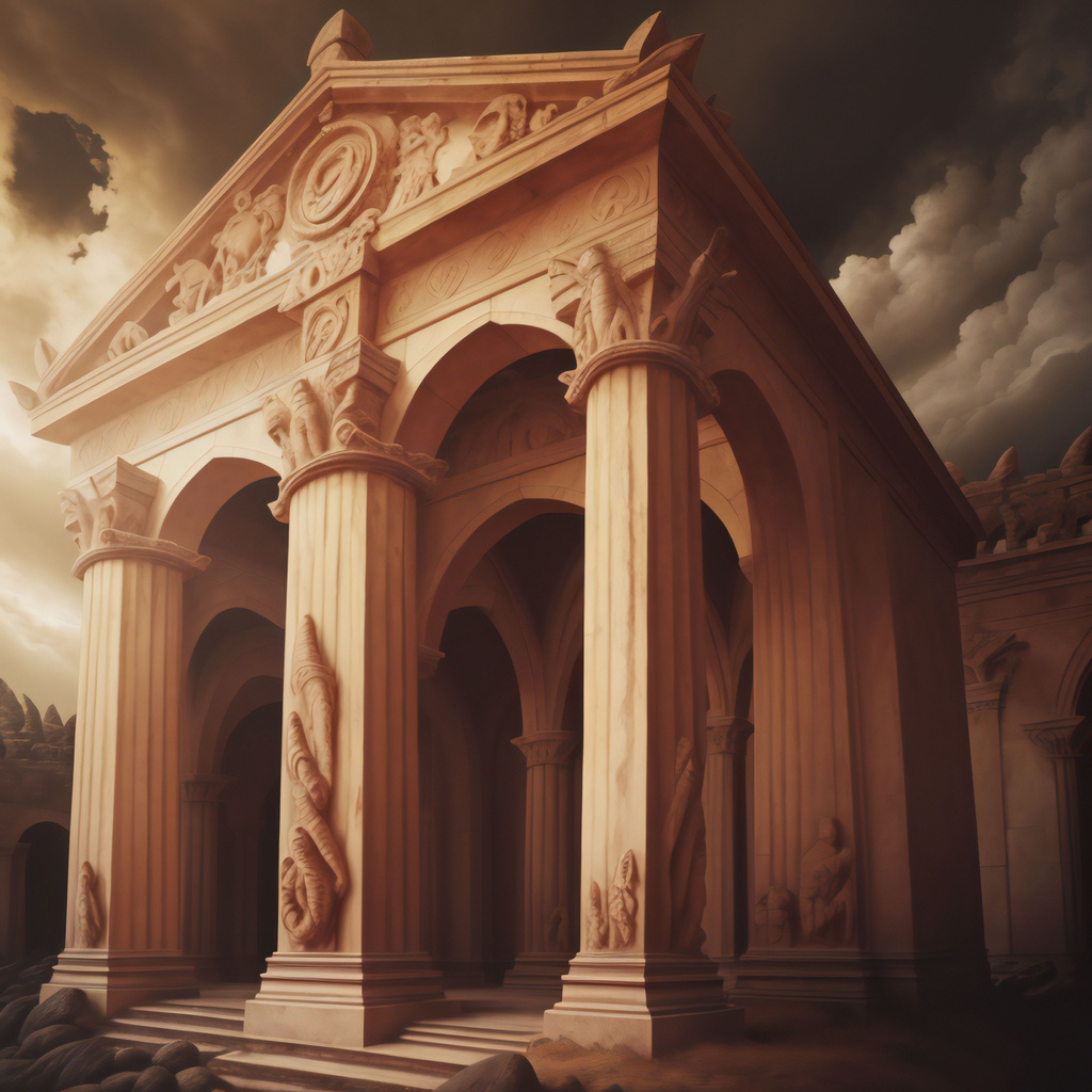 Prompt: Best artwork. Award winning masterpiece. Official art. epic Doric architecture elaborately carved with bizarre creatures. Dark Fantasy aesthetic. Moody lighting, gothic, sombre and ominous, Best quality, ultra smooth, ultra clean, 8k, ultra high res, ultra sharp, ultra-detailed, sharp focus