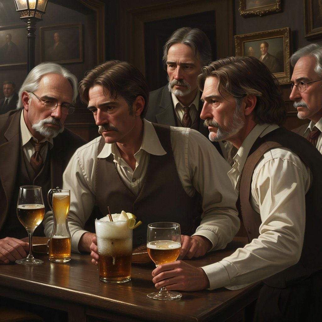 Prompt: Walter Launt Palmer's painting, oil on canvas, award winning masterpiece, Detectives gathering in the pub, mysterious atmosphere, murder mystery aesthetic, moody lighting, cinematic, best quality, ultra smooth, ultra clean, 8k, ultra high res, ultra sharp, ultra-detailed, sharp focus, national gallery, taschen