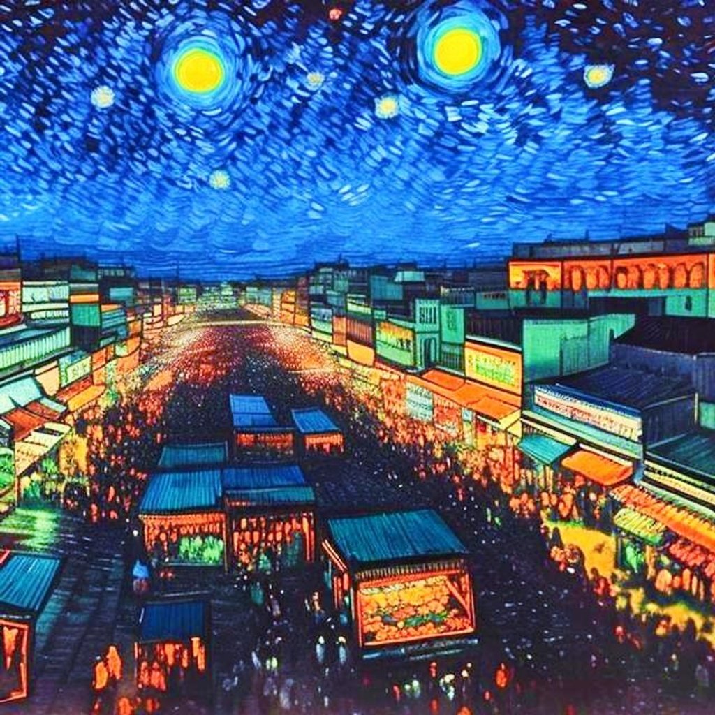 Prompt: Aerial view of A South asian town market, dark night scene, Market full of light, Crowded market , with moon & clouds in sky ,van gogh style painting , contrasting colourfull art, 