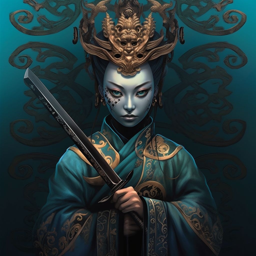 Prompt: a female character holding two swords and masking her face, in the style of edgy caricatures, dark cyan and dark bronze, chinapunk, mysterious backdrops, airbrush art, 1st version, multidimensional shading