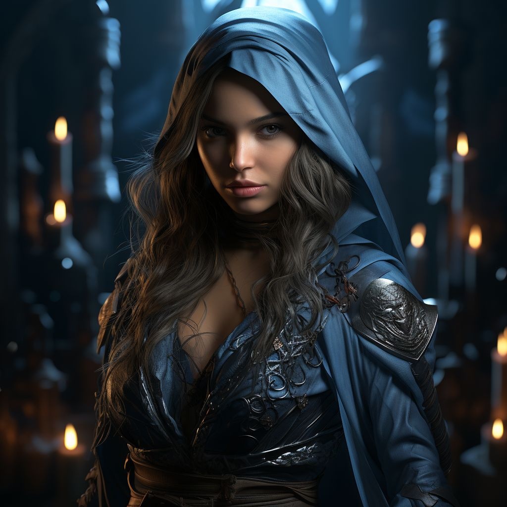 Prompt: a woman in a blue mask holding two swords, a character portrait, epic ninja suit, rob rey and kentaro miura style, holds a black sword, game icon, profile image, in a dojo, mobile game, profile picture 1024px, phong shaded, female assassin, rin, in style of cyril rolando, age 2 0, nano