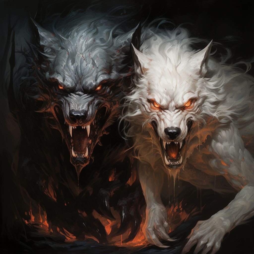 Prompt: art of the demons and wolves, in the style of goblincore, bold shadows, dark white and bronze, crowcore, iconic