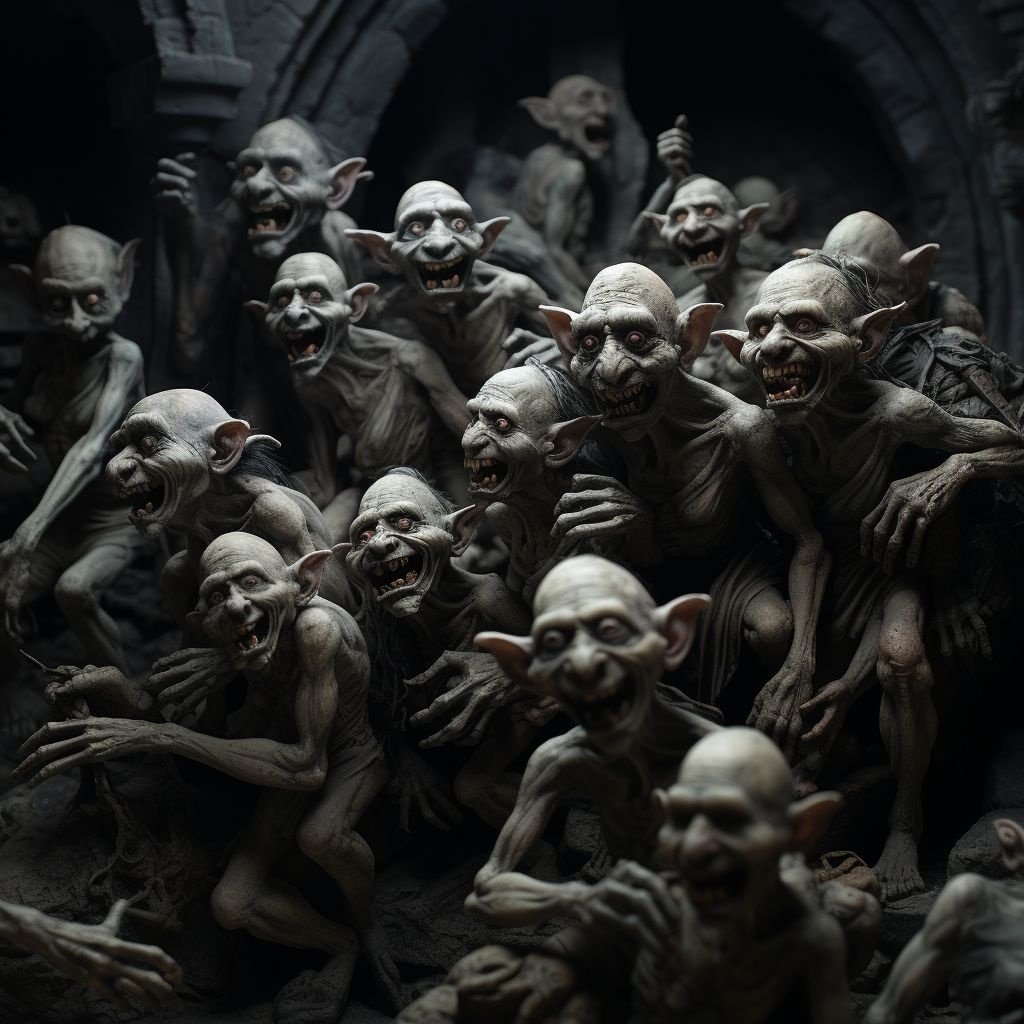 Prompt: a large group of goblin figurines in a dark location, in the style of hauntingly beautiful illustrations, dark white and light gray, zbrush, resin, smilecore, faux naïf, dramatic lighting effects