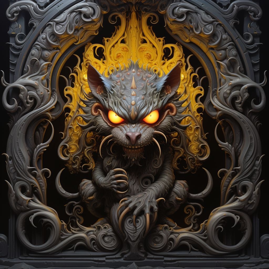 Prompt: a painting depicting an entrance way, with a creature, in the style of dark silver and yellow, cartoon mis-en-scene, airbrush art, rodenstock imagon 300mm f/5.8, playful characters, close-up intensity, mythical beasts