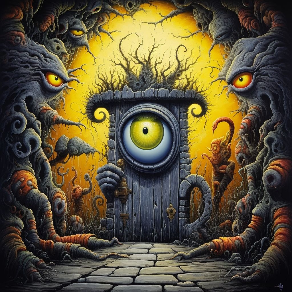 Prompt: a painting depicting an entrance way, with a creature, in the style of dark silver and yellow, cartoon mis-en-scene, airbrush art, rodenstock imagon 300mm f/5.8, playful characters, close-up intensity, mythical beasts