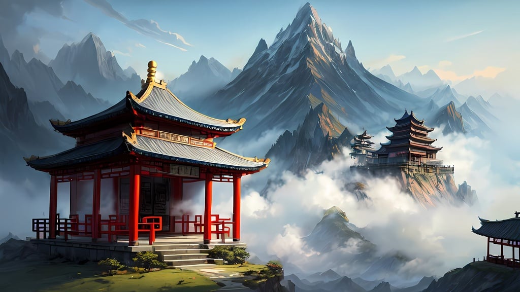 Prompt: ((best quality)), ((illustration)), ((masterpiece)), fantasy, 1 girl, dark blue hair, Chinese temple, Chinese traditional costume, thick fog, bonsai trees, mountain peak