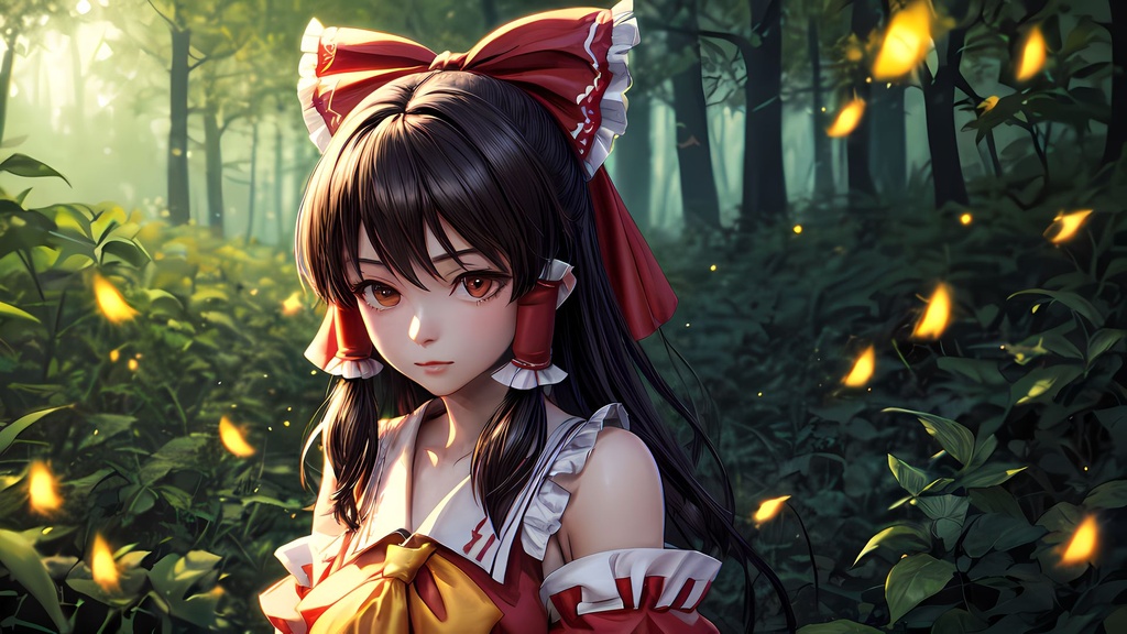 Prompt: ((best quality)), ((illustration)), ((masterpiece)), ((upper body)), digital portrait, vibrant colors, 3D, unreal engine, fantasy, anime girl, Reimu Hakurei, Touhou Project, forest, green background, night, fireflies