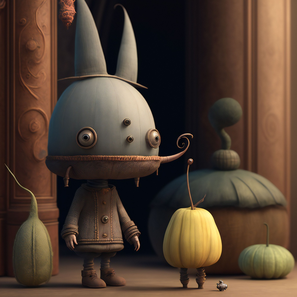 Prompt: highest quality 3d stop motion character, in the style of Machinarium and Tim Burton and Edward Gorey and Brian Froud, artstation hq, behance hd, trending on artforum, Burlintgon Magazine, on display in MoMA, highly detailed, professional film still, taschen