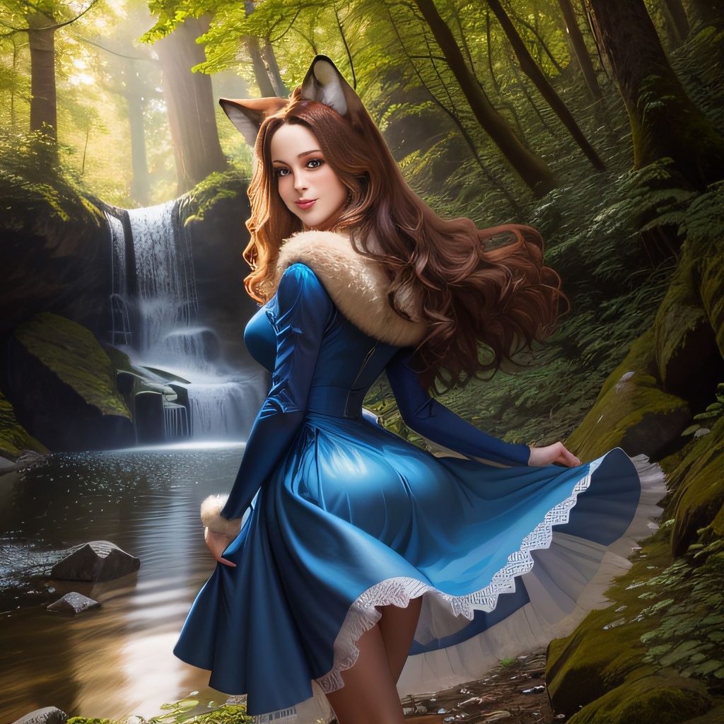 Prompt: ((masterpiece)), woman with brunette hair, {(small:1.1) natural fox ears covered with brunette fur:1.4}, in a forest wearing a blue dress, up close view, (facing the viewer:1.2), beautiful, anime, digital art, {almost full body, upper body view:1.2}, 8k, hd, detailed face, detailed hair, award winning, hd, sharp, high quality, high res, high quality, dynamic lighting, HDR, loving smile, one beautiful woman with long free-flowing brown hair wearing a short blue dress with lacy bottom, dancing in a clearing in a woods, realistic, 8K, facing viewer, waterfall in the background