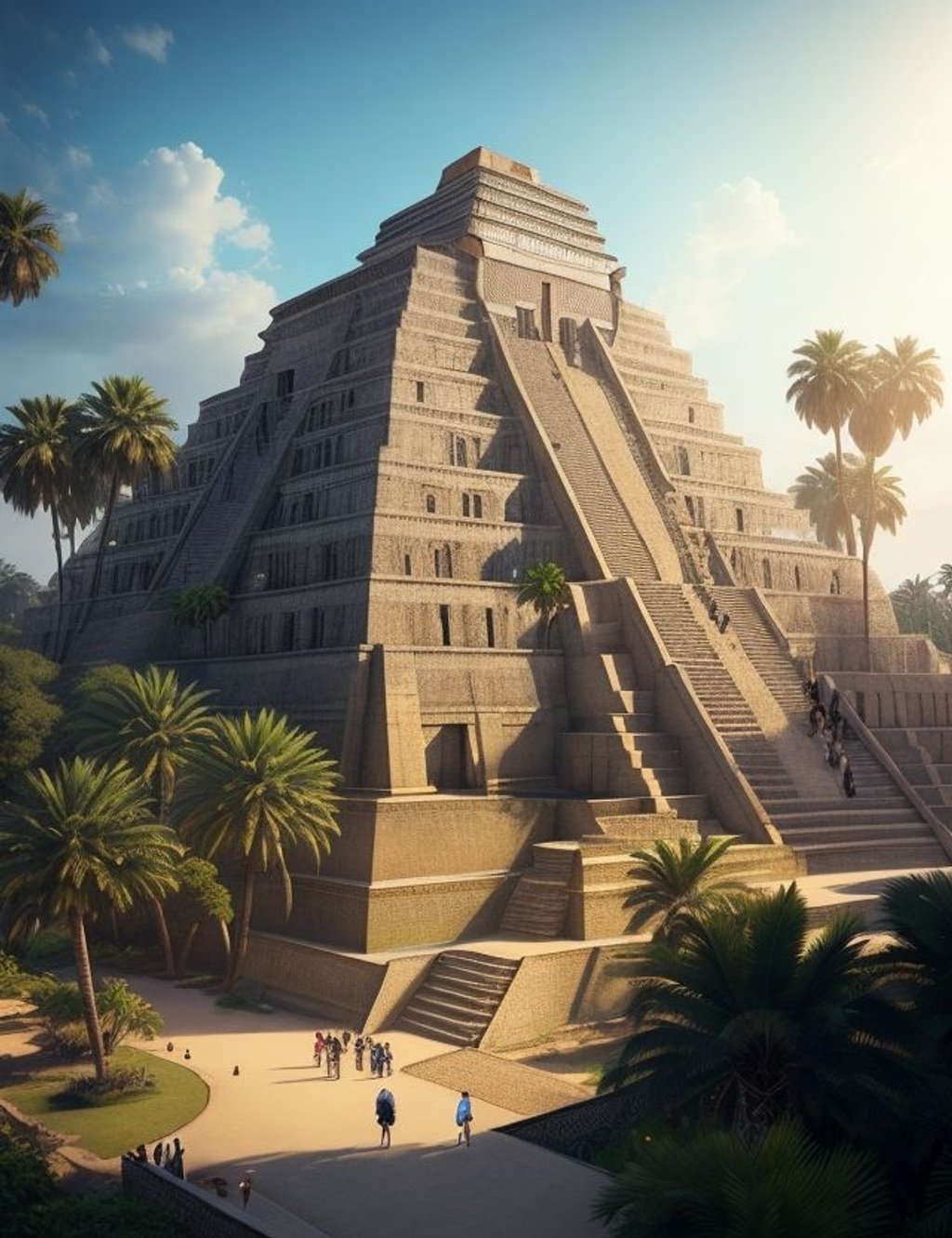 Prompt: A majestic view of the Great Ziggurat of Ur, with people walking up its ancient steps, surrounded by lush palm trees and a vibrant sky. Rendered in realistic detail with Unreal Engine.