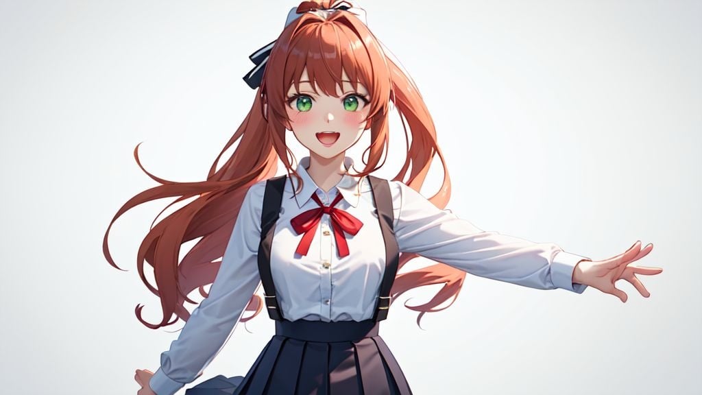 Prompt: ((best quality)), ((illustration)), ((masterpiece)), ((upper body)), digital portrait, vibrant colors, 3D, unreal engine, highres, Monika (doki doki literature club), doki doki literature club, 1girl, blue skirt, blush, bow, brown vest, collared shirt, green eyes, hair bow, heart, incoming hug, long hair, looking at viewer, neck ribbon, open mouth, pleated skirt, ponytail, red ribbon, ribbon, school uniform, shirt, skirt, smile, solo, very long hair, vest, white background, white bow, white shirt, school, classroom