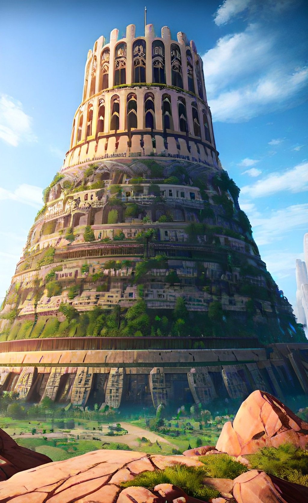Prompt: "Witness the magnificent Tower of Babel like never before, as you embark on an extraordinary midjourney through the power of Unreal Engine's hyper-realistic graphics. Describe the minute details and lifelike textures that make this virtual encounter so captivating."