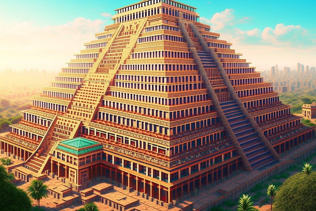 Prompt: Behold the magnificent Great Ziggurat in the Persian Gulf, rising majestically against the backdrop of a bustling cityscape and lush palm trees. This ultra-realistic 8K artwork captures every intricate detail of the ziggurat, from its grand architecture to the textures of the surrounding buildings and cobblestone paths. Immerse yourself in a world where ancient history meets modern life, as the warm golden light bathes the scene, bringing the entire composition to life. --ar 2:3 --v 5 --q 2