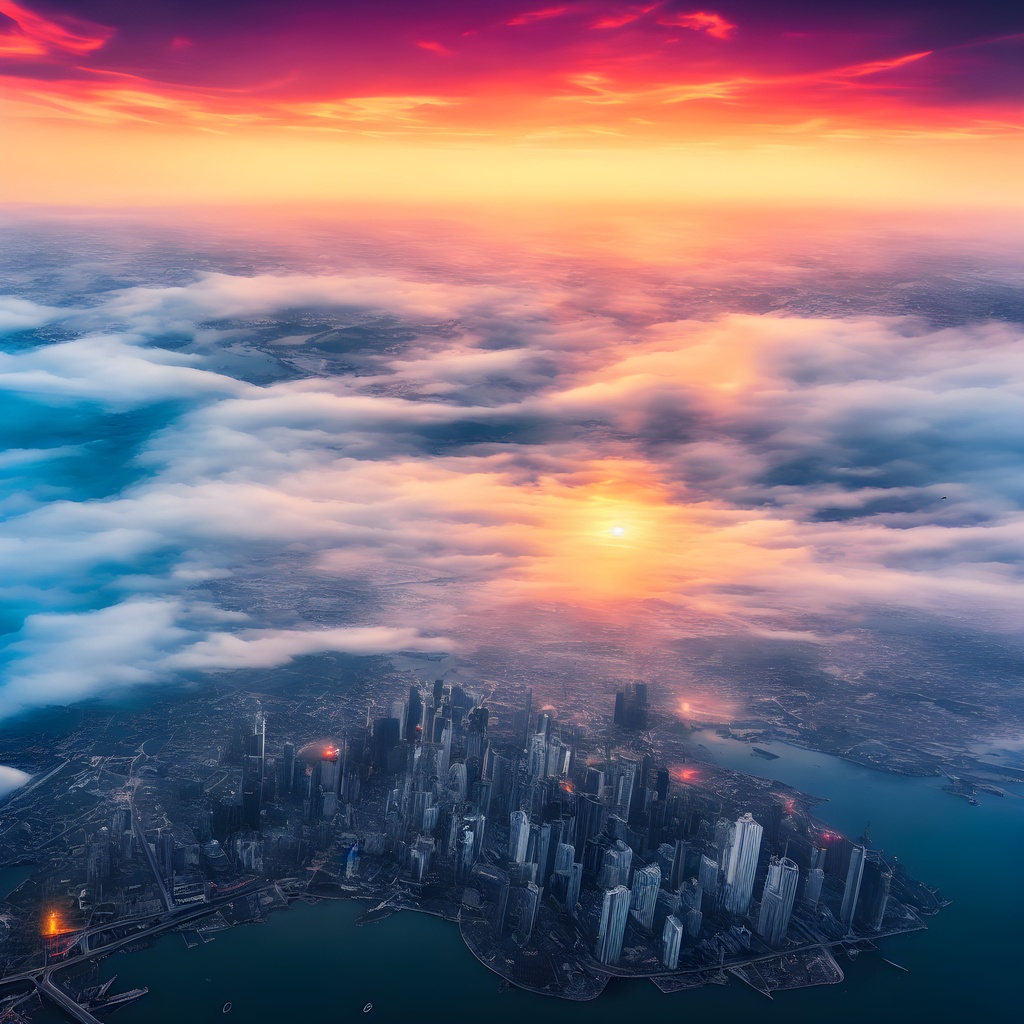 Prompt: Flying over a city, highliy detailed, illustration, heat wave, dawn, foggy horizon, multicolor