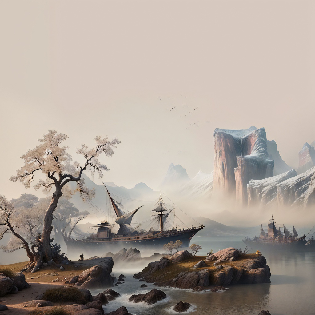 Prompt: fantasy warship, highest quality, style of Yang Yongliang, taschen, still frame from a movie, artstation hq, dream sequence, vr, the panorama