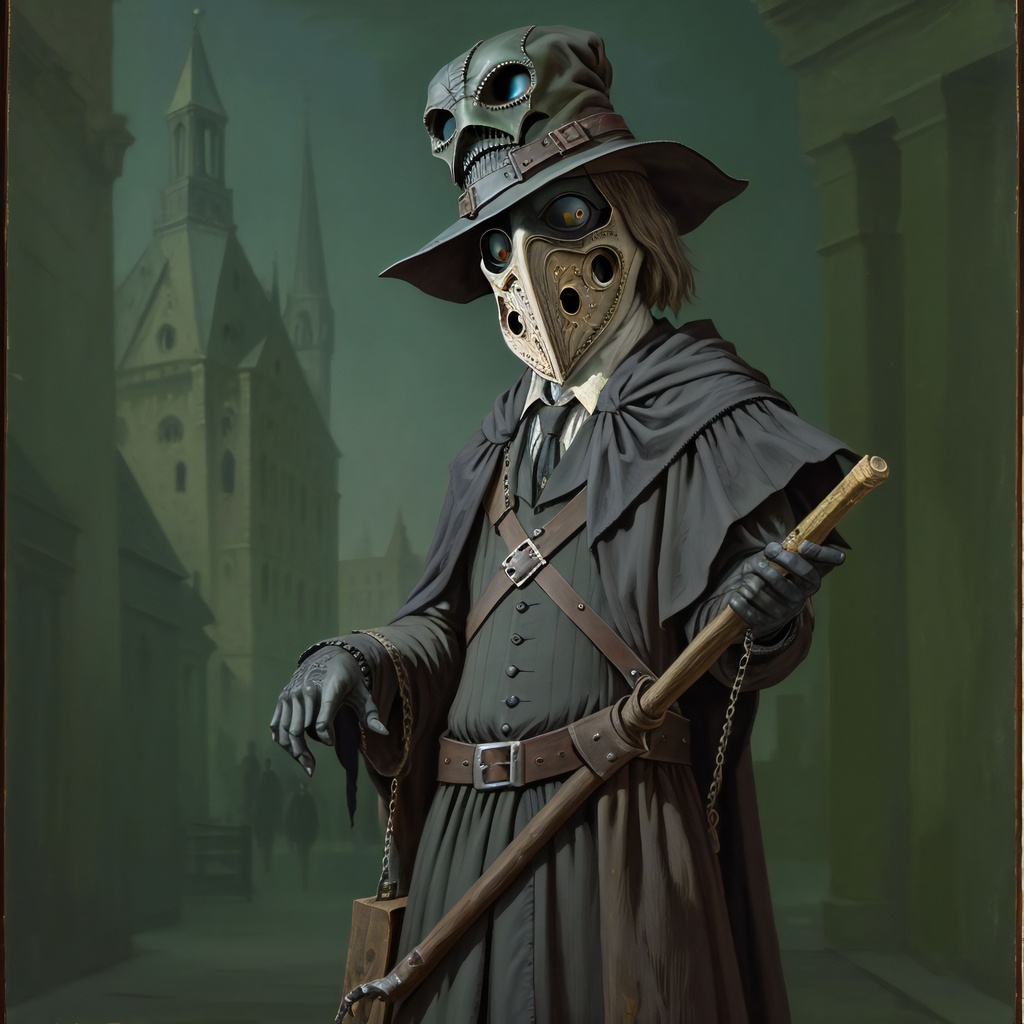 Prompt: plague doctor with an extremely intricate and detailed mask, highest quality painting by George Luks, oil on canvas, film art of character design, brooklyn museum, la nouvelle vague, taschen, Burlington Magazine