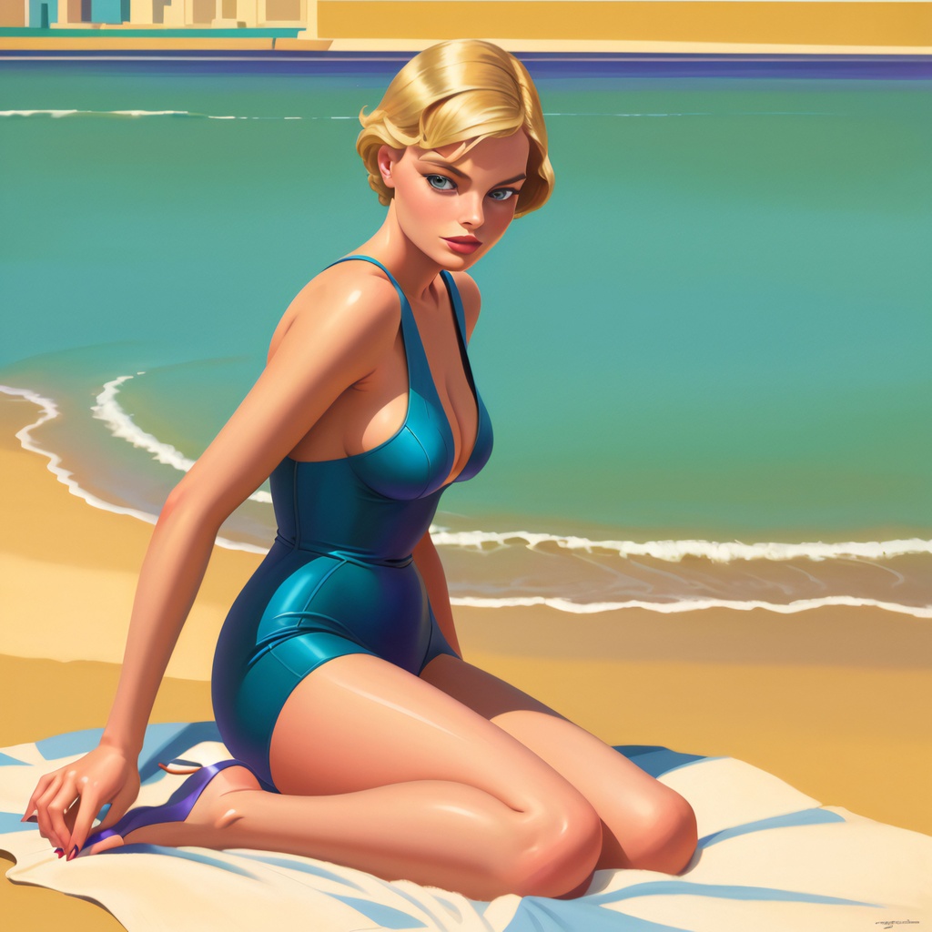 Prompt: Margot Robbie, super-resolution, sharply detailed, blue-violet, painting by R. Kenton Nelson, precisionism, painted illustration poster, year 1930, photorealist, art, taschen, Burlington Magazine