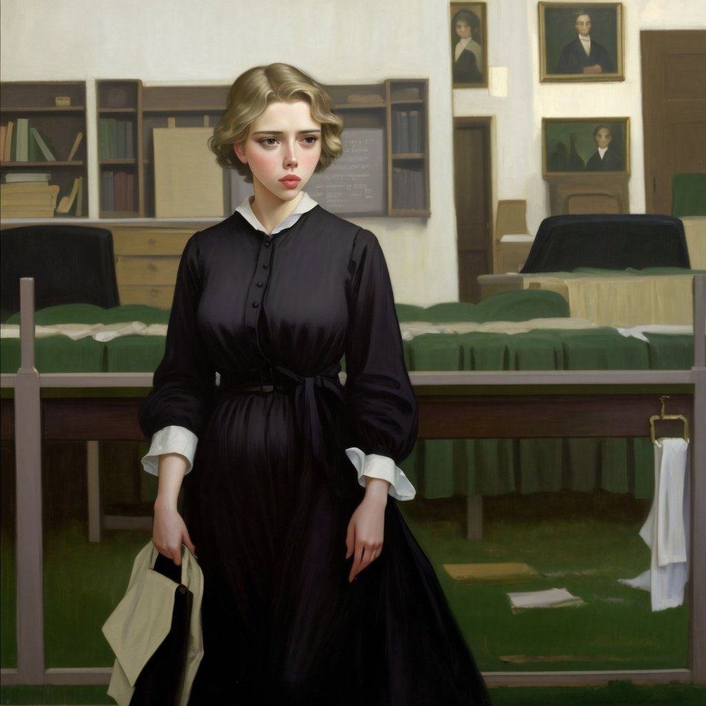 Prompt: Scarlett Johansson as a 1900s school teacher, tired, painting by Leo Putz, oil on canvas, highest quality, taschen, Burlington Magazine