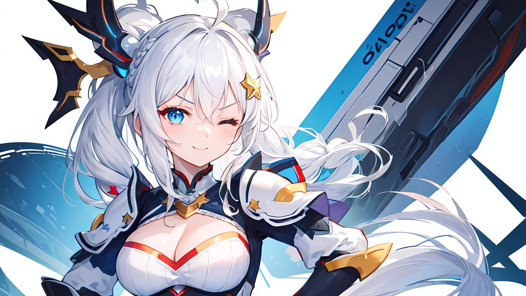 Prompt: ((best quality)), ((illustration)), ((masterpiece)), ((upper body)), digital portrait, vibrant colors, 3D, unreal engine, highres, 1girl, anime girl, Kiana Kaslana, Kiana Kaslana (White comet),  ahoge, blue eyes, braid, cleavage, clenched hand, hair between eyes, hair ornament, hand on own hip, long hair, looking at viewer, one eye closed, smile, solo, standing, star (symbol), star hair ornament, tight clothes, tech armor, white clothes, white armor, twin braids, v-shaped eyebrows,  white background, white hair, two knitting ponytails, knitting ponytails white sleeves