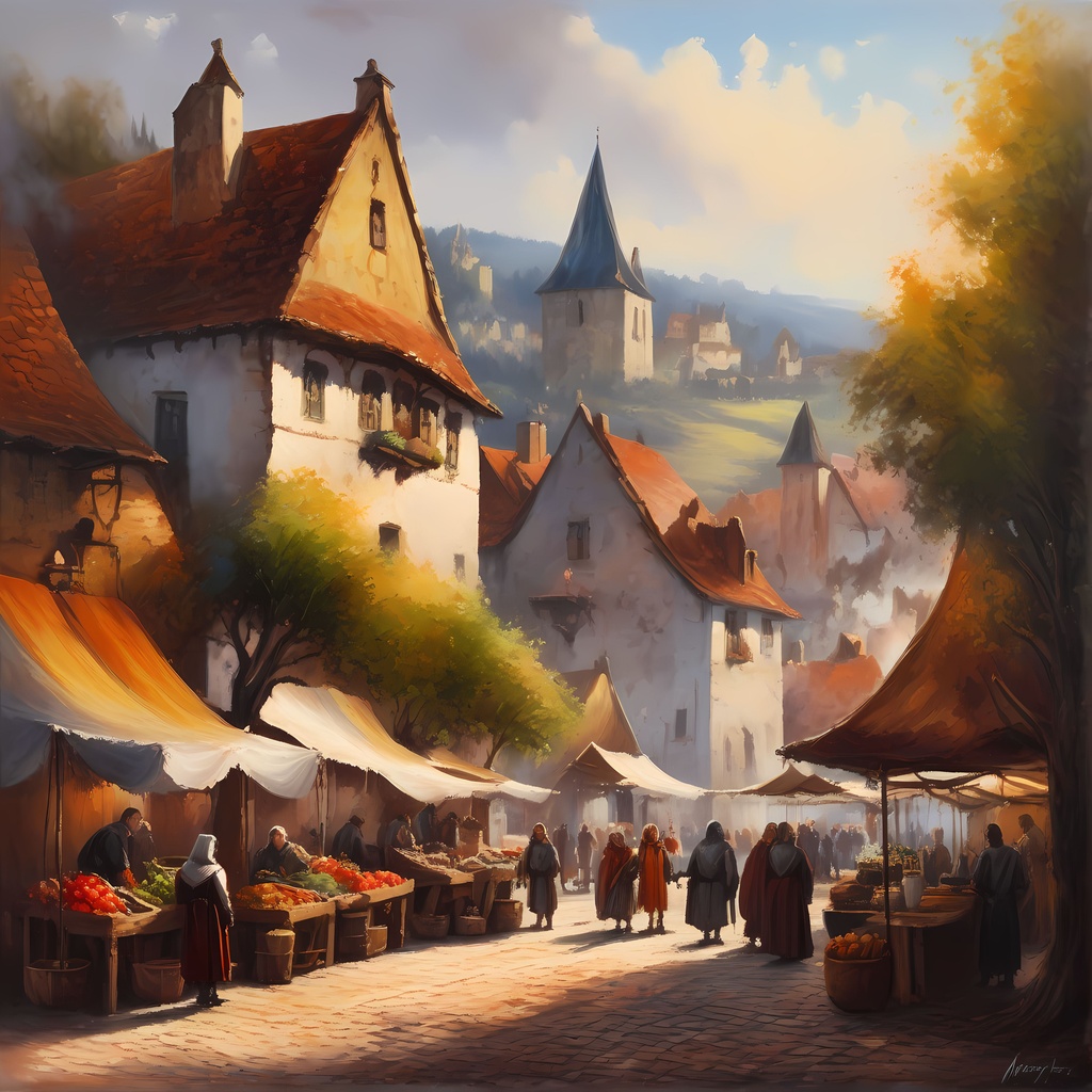 Prompt: (oil painting), landscape, bright morning sky, (medieval village market place with people:1.3), (castle on a hill distant background:1.0), village between castle and market place