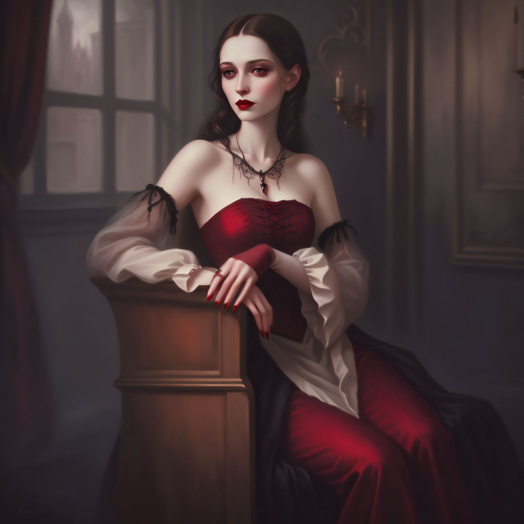 Prompt: highest quality oil on linen painting of a gorgeous vampire aristocrat girl, pale skin, blood red lips, photorealiste, inspired by Catherine Abel, gothic romance horror aesthetic, moody atmosphere, gothic victorian fashion, masterpiece, taschen absurdres