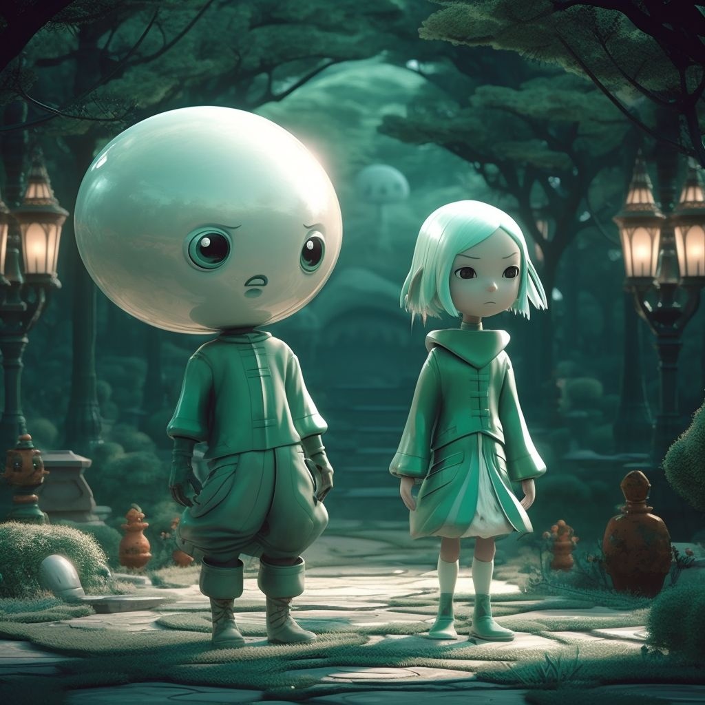 Prompt: Two ethereal fairy characters, aesthetic fusion of light emerald and white, are embarking on a serene stroll. Their look echoes a futuristic design, McDonaldpunk, globes, subtly, Shin Hanga, haunting