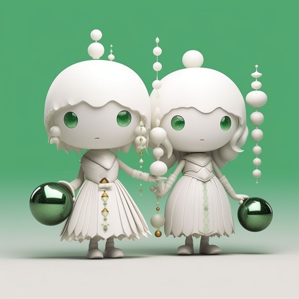 Prompt: Two ethereal fairy characters, aesthetic fusion of light emerald and white, are embarking on a serene stroll. Their look echoes a futuristic design, McDonaldpunk, globes, subtly, Shin Hanga, haunting