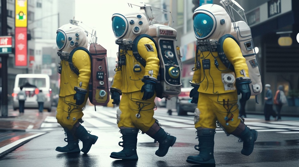 Prompt: trio of colorful people dressed as astronauts walking down the street, in the style of dark yellow and light emerald, vray, cloudpunk, japanese photography, oversized objects, white and emerald, mono-ha